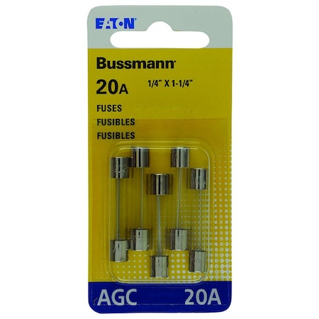 Eaton Bussmann Glass Fuse, AGC Series, Fast-Acting, 20A, 32V AC, 1kA at 32V AC, 5 PK BP/AGC-20-RP